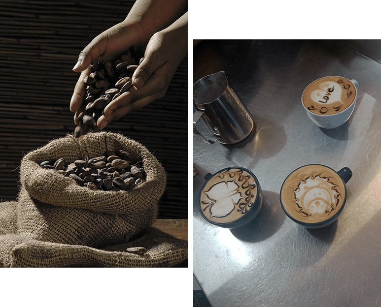 Two pictures of coffee beans and a cup of coffee.